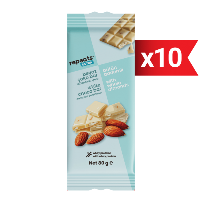 Proteinli Bademli Beyaz Çoko Bar 80gr X 10 Adet