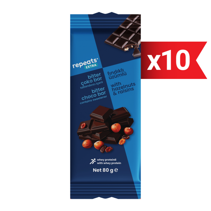 Proteinli Üzümlü Fındıklı Bitter Çoko Bar 80gr X 10 Adet