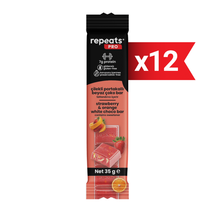 Yüksek Proteinli Çilekli Portakallı Beyaz Çoko Bar 35gr X 12 Adet
